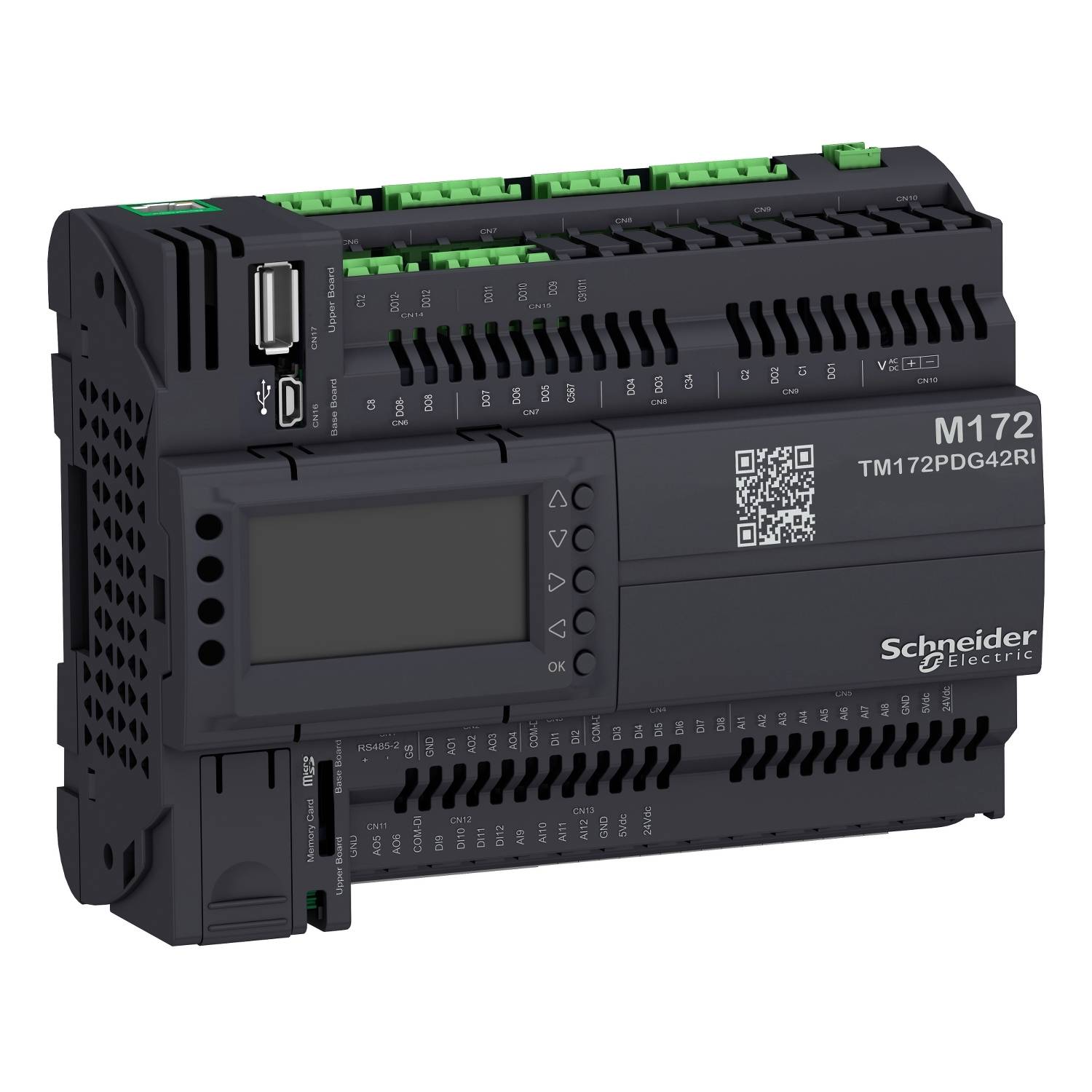 Schneider Electric ipari programozható eszköz M172 USB-csatlakozóval, digitális kijelzővel és több csatlakozókapoccsal.