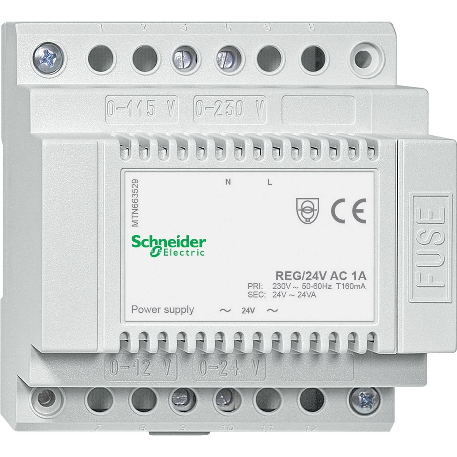 Tápegység modul 'Schneider Electric' felirattal, 230V bemeneti feszültség, 24V kimenet, CE-jelöléssel.
