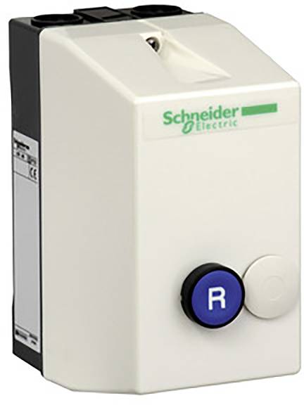 Egy fehér elektromos készülék a 'Schneider Electric'-tól, két gombbal: egy kék gomb 'R' felirattal és egy szürke gomb.