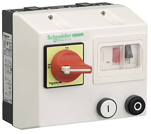 Kapcsolókészülék piros forgókapcsolóval és fehér nyomógombokkal. Felirat: 'Schneider Electric'. Elektromos alkalmazásokban történő felhasználásra.