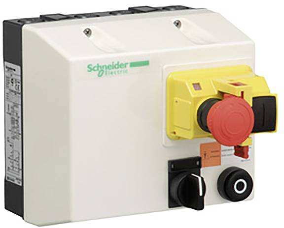 Egy Schneider Electric gyártmányú elektromos kapcsoló nagy piros vészleállító gombbal és fekete forgató szerkezettel.