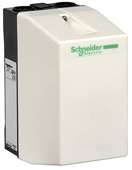 Egy fehér-szürke elektromos készülék a Schneider Electric-től, téglalap alakú formában, logóval az elején.