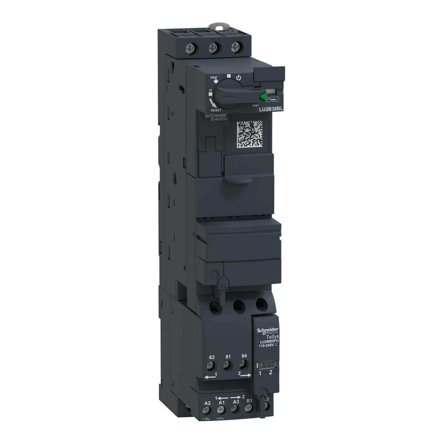 Schneider Electric teljesítménymegszakító fekete házzal, billenőkapcsolóval és LED-kijelzővel. Ipari alkalmazásokhoz alkalmas.