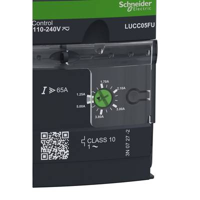 Schneider Electric motorvédő kapcsoló LUC05FU, forgókapcsolóval az áram beállításához (1,25A-5A), nyomógombbal, QR-kóddal és megnevezéssel.