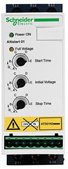 Elektronikus vezérlőegység három forgókapcsolóval a feszültségbeállításokhoz. Rajta a 'Schneider Electric' logó és figyelmeztető jelzések.