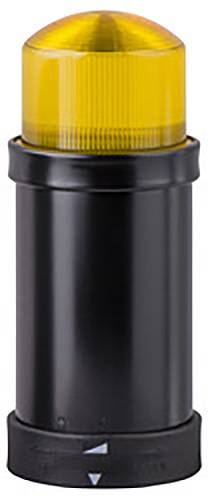 Egy hengeres alakú figyelmeztető lámpa fekete házzal és sárga, áttetsző felső résszel. Gyakran alkalmazott biztonsági környezetekben.
