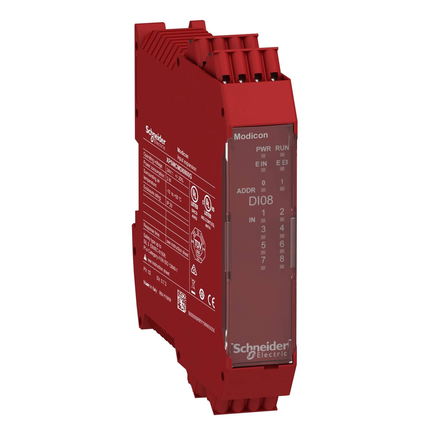 Egy piros Schneider Electric Modicon DI08 modul, amelynek csatlakozói és állapotjelző LED-jei láthatók. Automatizálási rendszerekben használják.