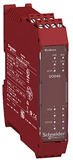 Piros elektromos eszköz a Schneider Electric-től, D0OL4S modell, különböző csatlakozókkal. A Modicon vezérlés tartozéka.
