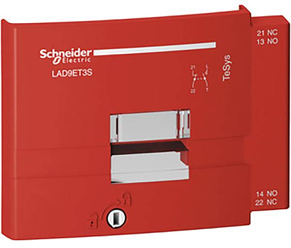 Schneider Electric piros védelmi tartozék, LAD9ET3S modell, felirattal és két egyértelműen azonosítható kapcsolóval.