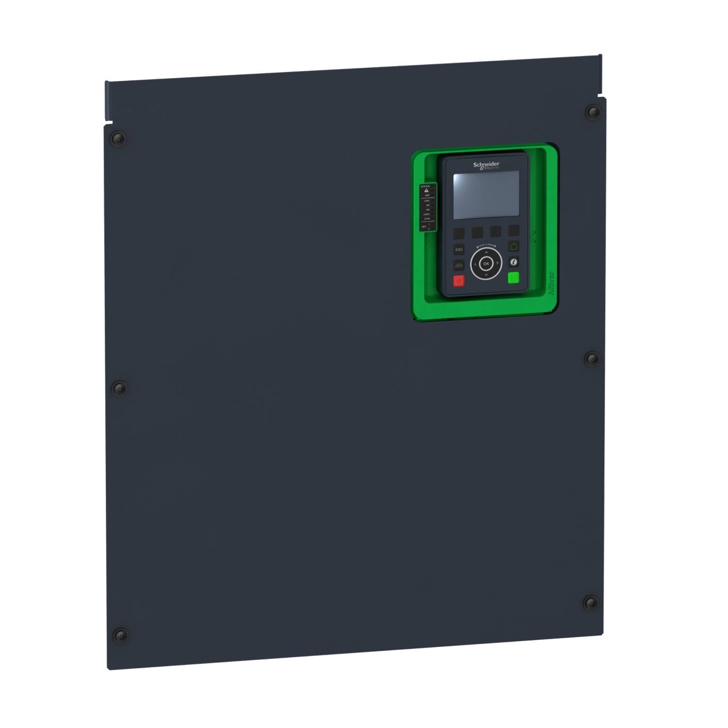 Egy elektronikus eszköz fekete házba foglalva, digitális kijelzővel. A kijelzőn gombok és egy forgógomb látható.
