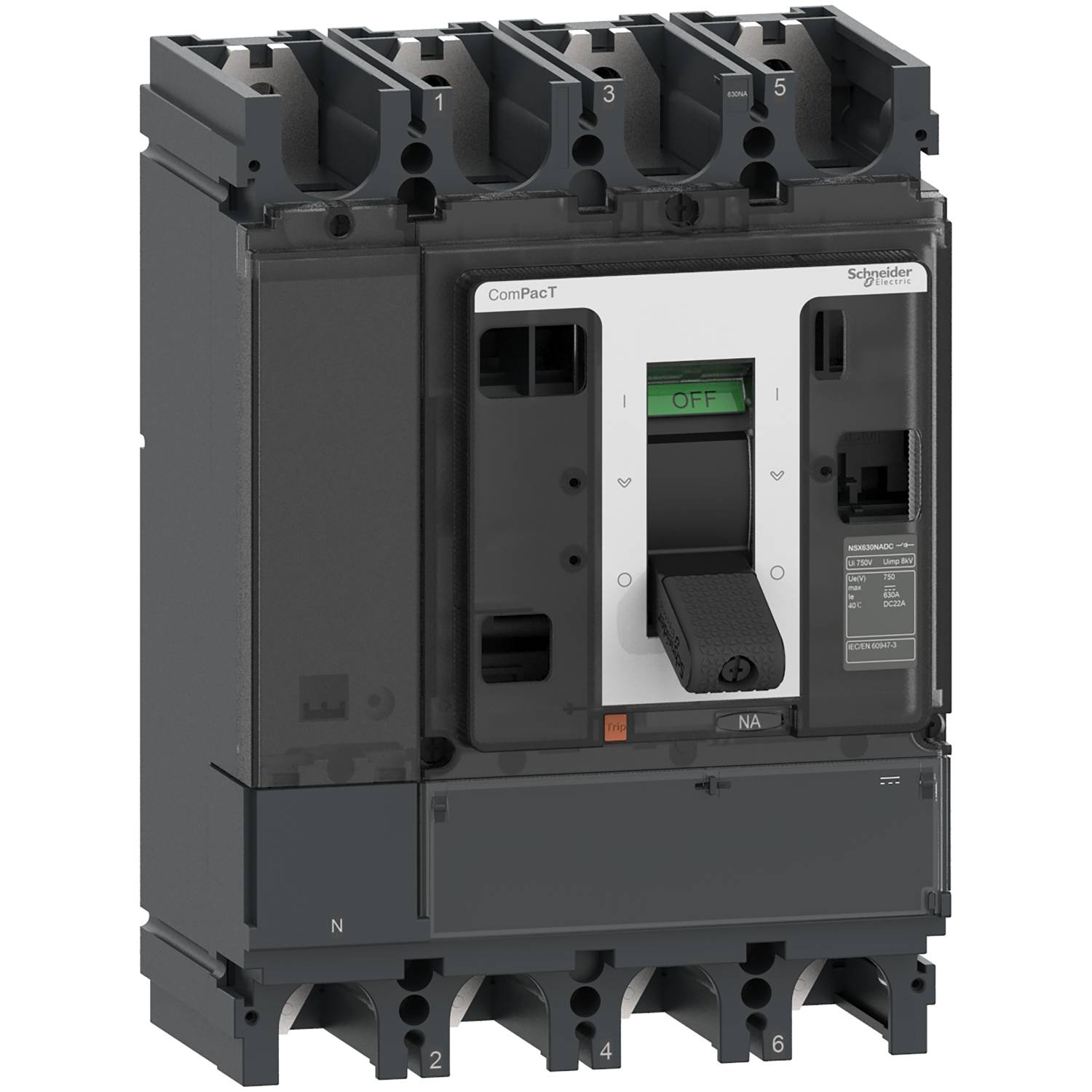 Egy Schneider Electric gyártmányú, Compact NSX típusú, fekete-szürke színű elektromos kapcsoló, öt felső csatlakozóval.