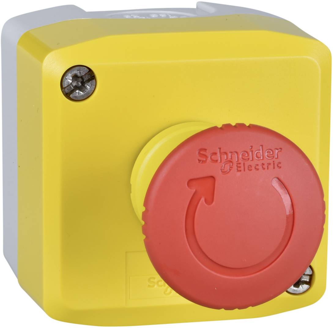 Sárga vészleállító gomb piros nyomógombbal, amelyen a 'Schneider Electric' felirat szerepel. Gépek gyors leállítására szolgál.