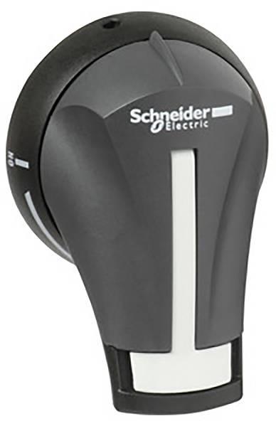 Schneider Electric forgókapcsolója, elsősorban fekete színben fehér jelölésekkel, mutatja a 'Be' és 'Ki' pozíciókat.