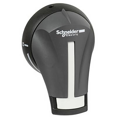 Schneider Electric forgókapcsolója, elsősorban fekete színben fehér jelölésekkel, mutatja a 'Be' és 'Ki' pozíciókat.