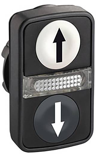 Fel- és letöltő nyíl gombok egy fekete kapcsolón, amelyeket gyakran használnak felvonókban az irány kiválasztásához.