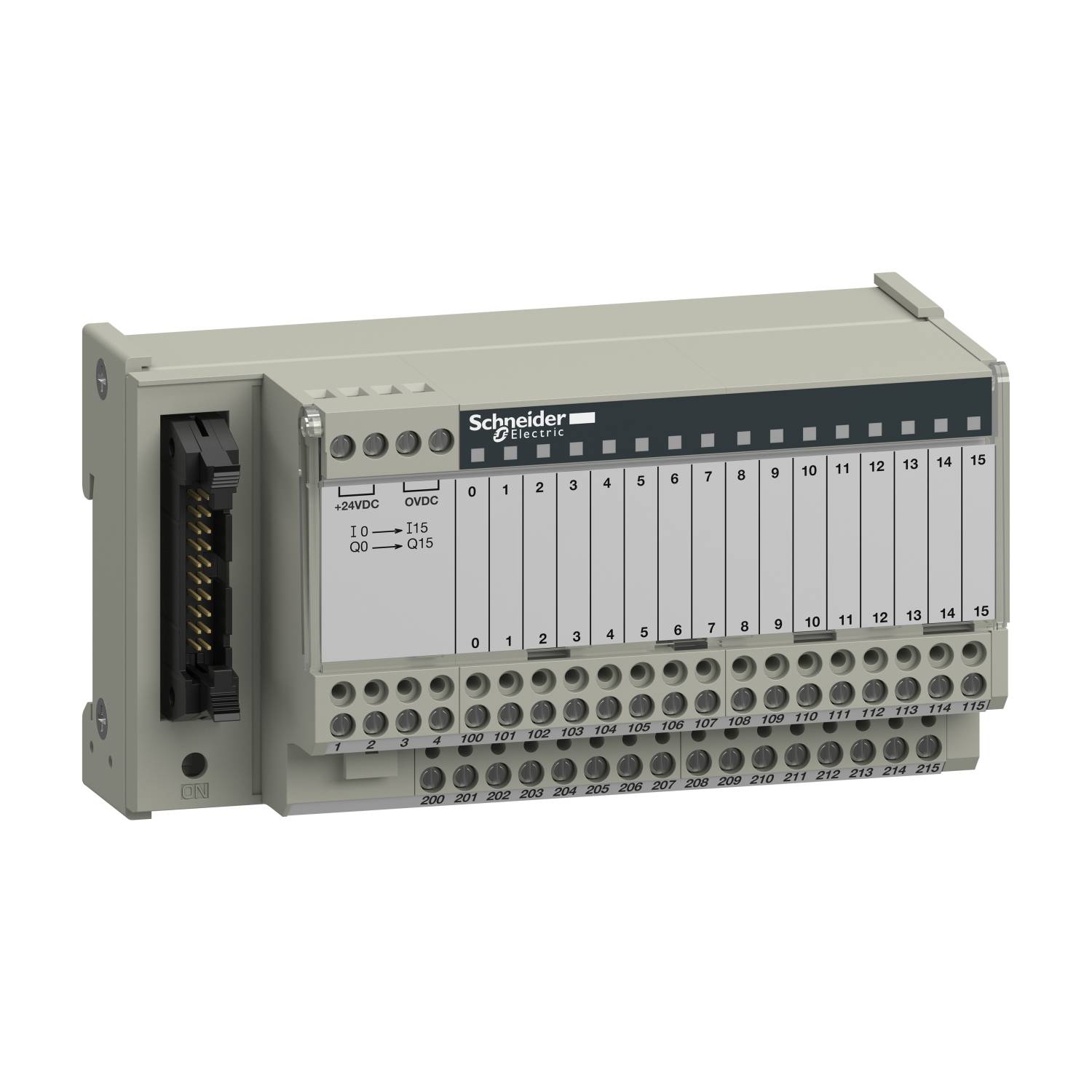 Egy szürke elektronikai modul több számozott csatlakozóval, "Schneider Electric" felirattal, kapcsolószekrényes alkalmazásokhoz tervezve.