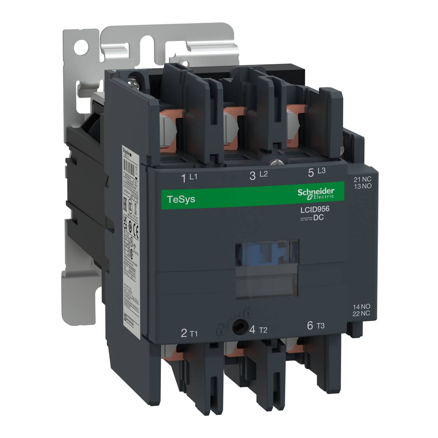 Egy Schneider Electric gyártmányú elektromos mágneskapcsoló a TeSys sorozatból, felső és alsó csatlakozókkal. Modellszám: LC1D65.
