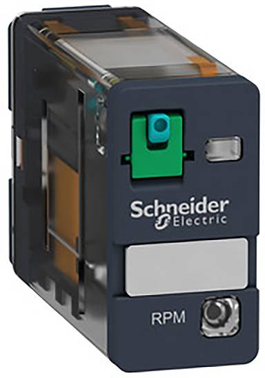 Egy Schneider Electric által gyártott elektromos kapcsolókészülék zöld gombbal és az 'RPM' felirattal.