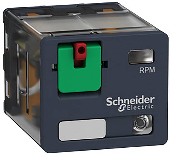 Egy Schneider Electric fekete elektromos relé zöld és piros kapcsolóval, amelyen az 'RPM' felirat látható.