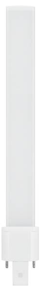 Egy téglalap alakú, fehér LED izzó kétágú foglalattal, kompakt lámpatestekhez alkalmas.
