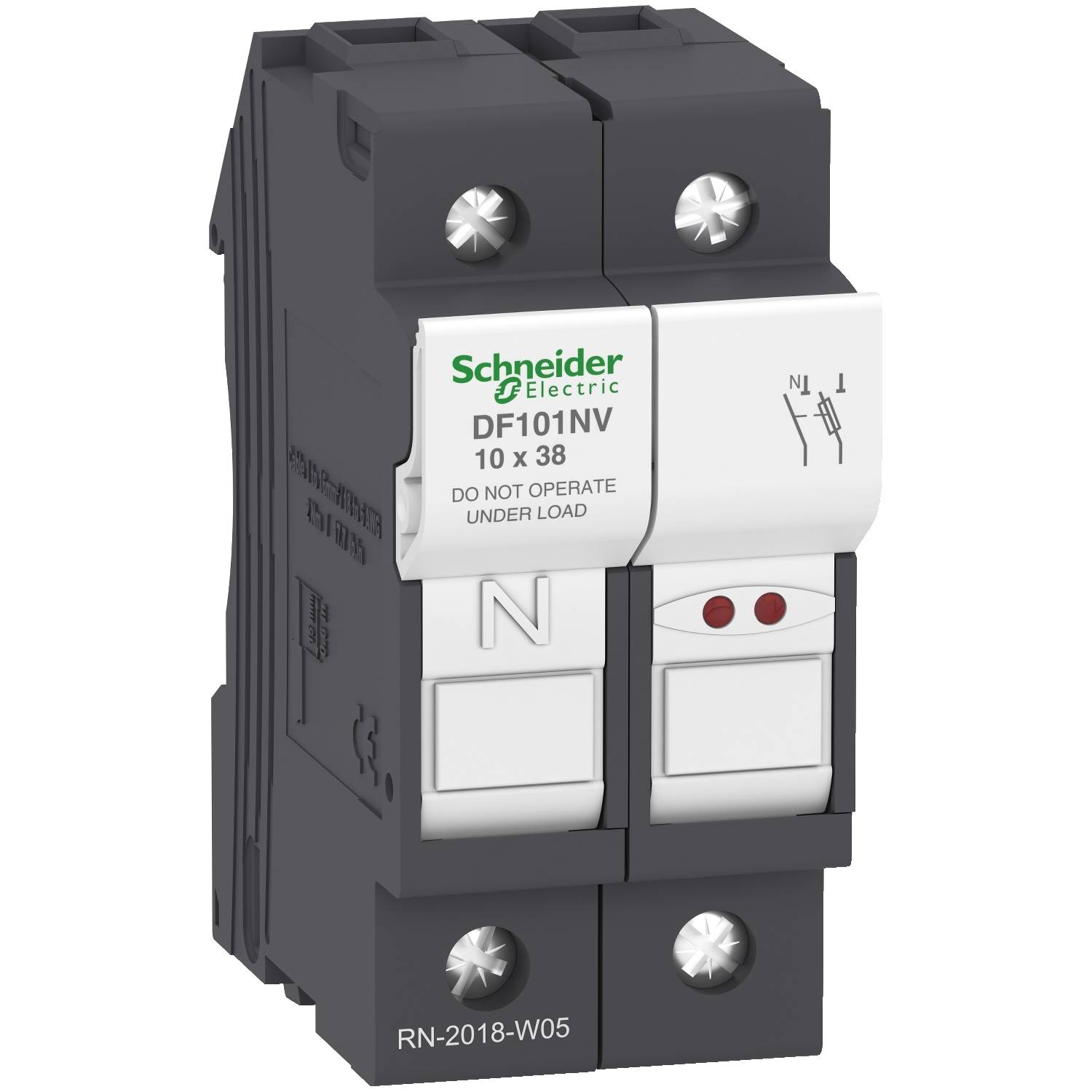 Schneider Electric dupla biztosítéktartó 'DF101NV 10x38' felirattal és 'NE ÜZEMELTESSE TERHELÉS ALATT' figyelmeztető szöveggel elektromos alkalmazásokhoz.