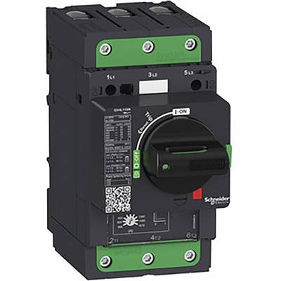 Zöld kar és felirattal ellátott áramköri megszakító. A márkanév és a modell adatai láthatóak. Elektromos rendszerekhez alkalmas.
