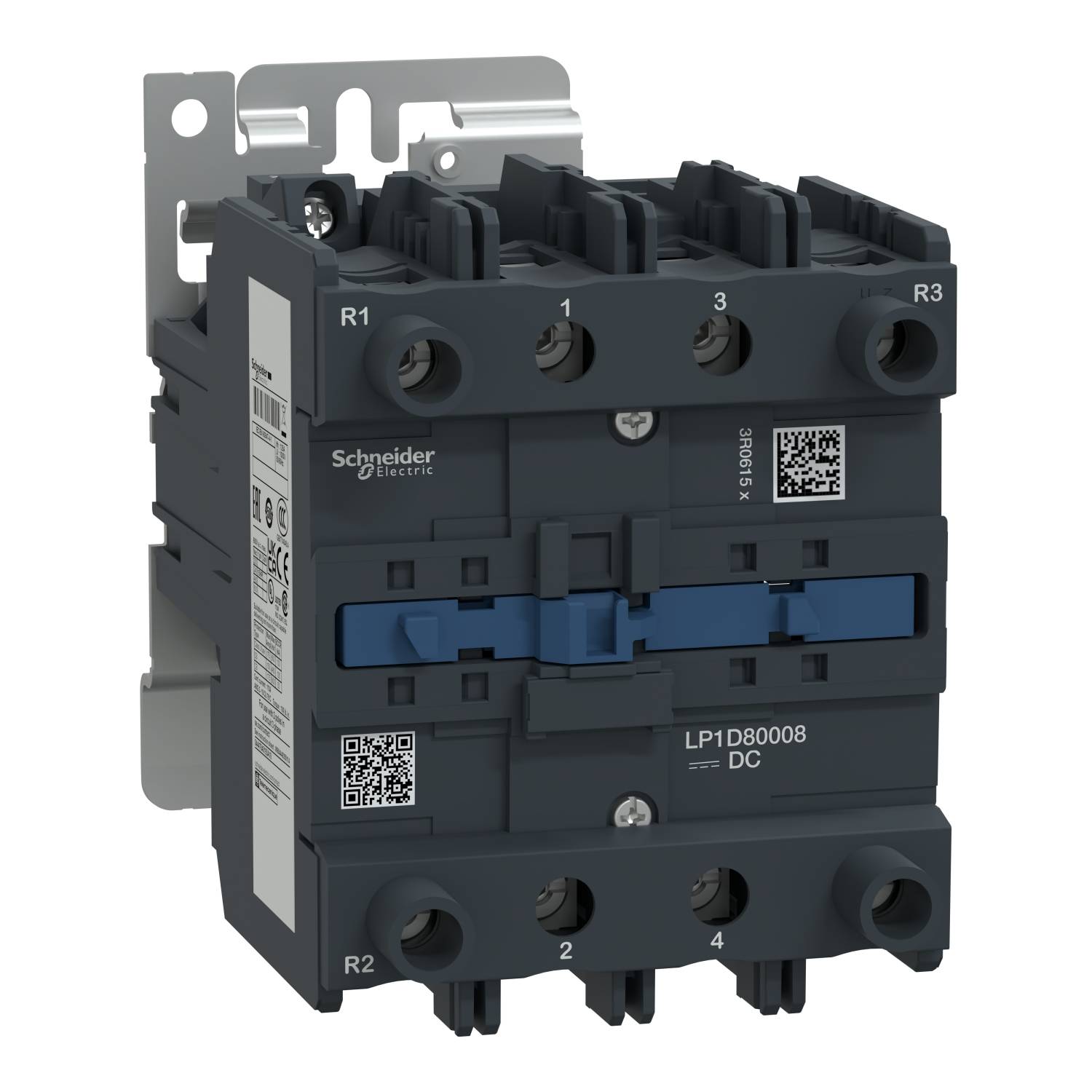 Schneider Electric ipari védelmi relé, LP1DB00008 DC modell, több csatlakozókapoccsal, elektromos áramkörök vezérlésére használva.
