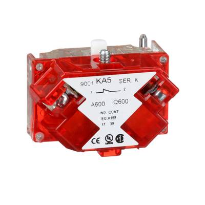 Egy fehér jelölésű és csatlakozójú piros elektromos kapcsoló, amely egy átlátszó burkolattal van körülvéve.