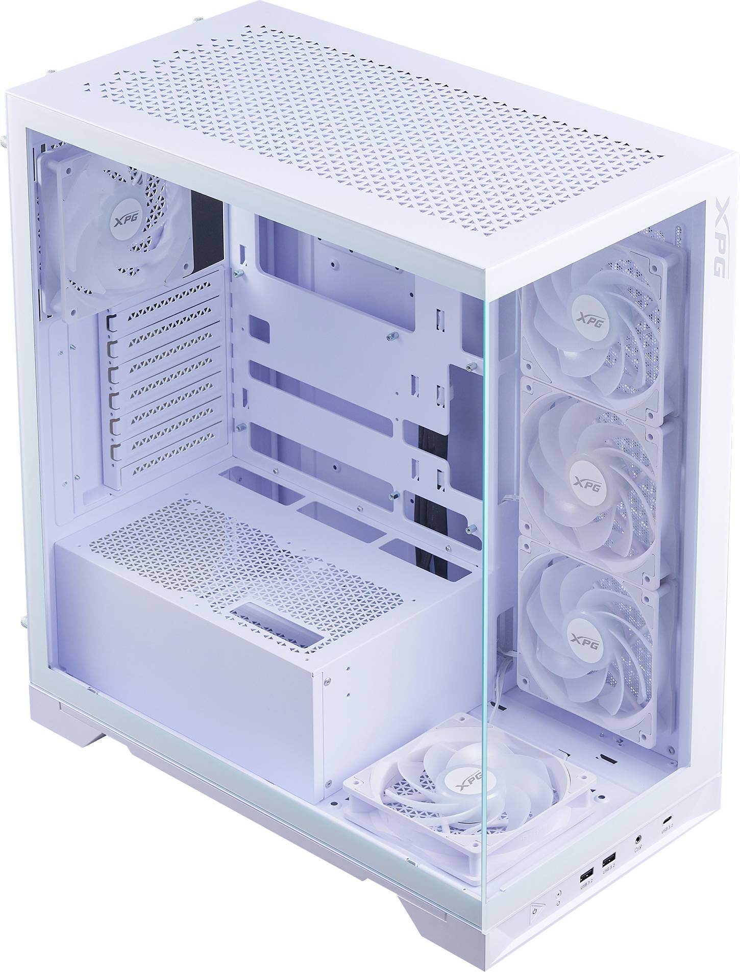 Egy fehér számítógépház átlátszó oldalablakkal, amelyen öt ventilátor látható. Nem tartalmaz beépített alkatrészeket.