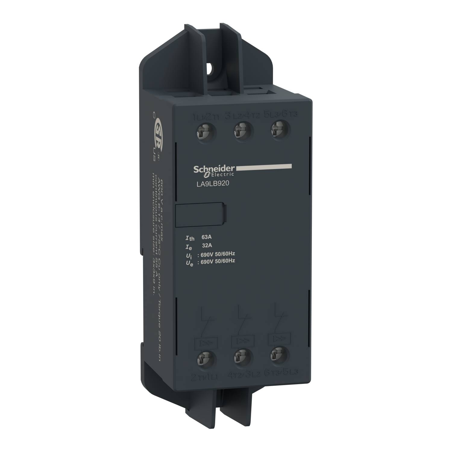 Fekete védőkészülék a 'Schneider Electric' logóval és 'LALB820' modellszámmal, 690V-ig és maximum 18A-ig alkalmazható.