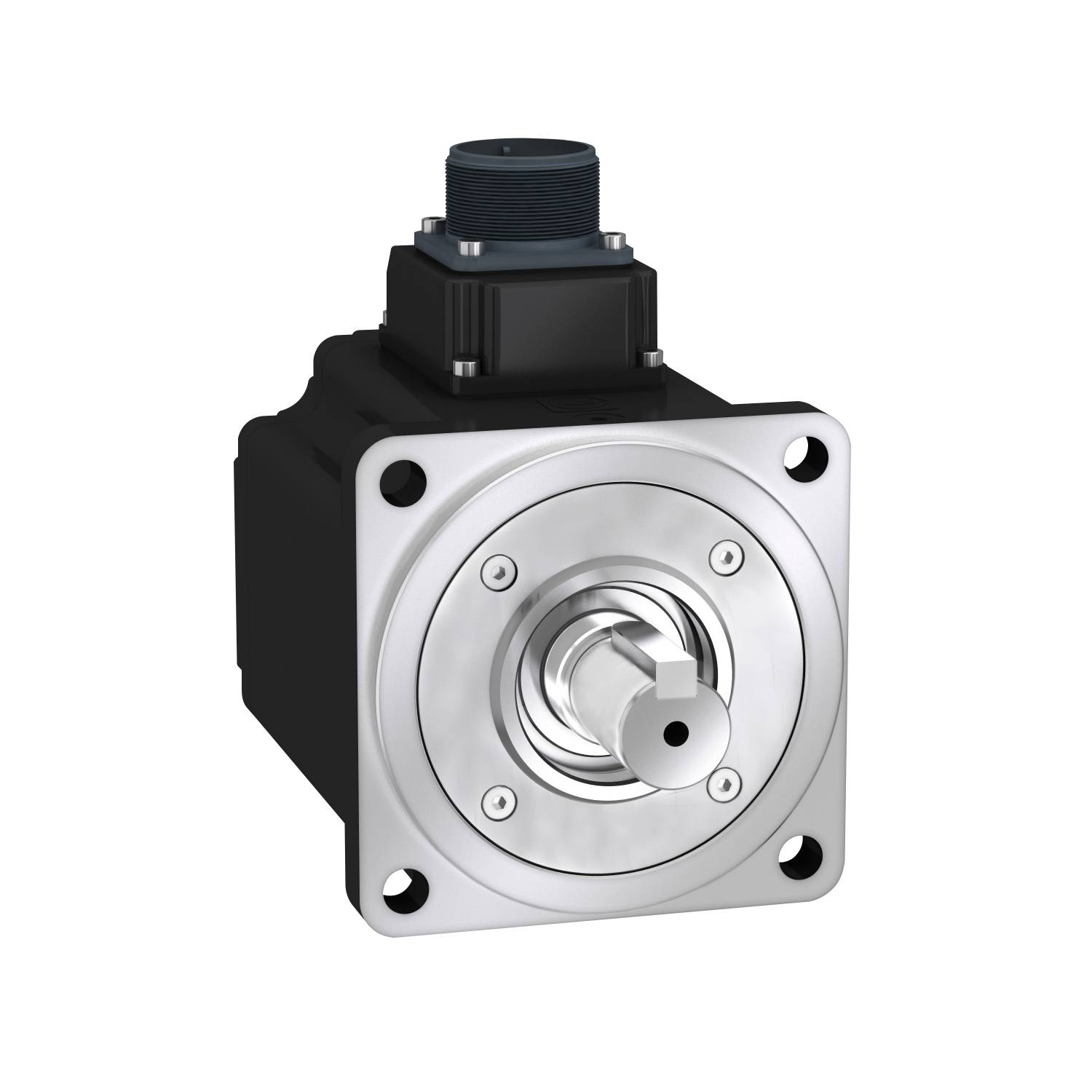 Egy fekete, négyzet alakú villanmotor fémkarimával és látható tengellyel.