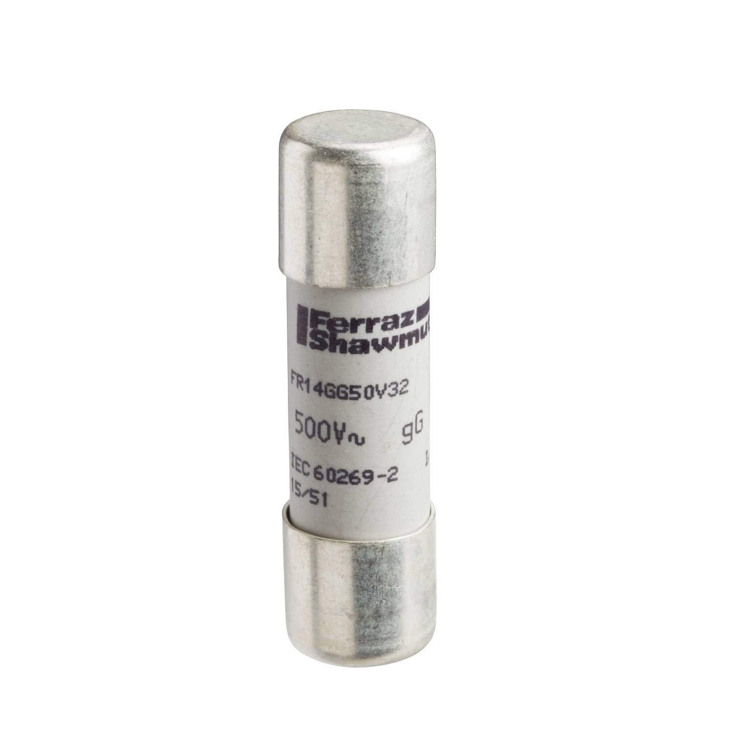 Ferraz Shawmut biztosíték, Típus: FR14G50V32, Névleges feszültség: 500V, Szabvány: IEC 60269-2. Fehér henger fém végzárókkal.