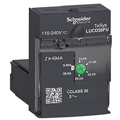 Egy fekete Schneider Electric eszköz, 'TeSys LUCD38FU' modell, 110-240V üzemeltetésre. Egy QR-kód és egy forgókapcsoló látható.