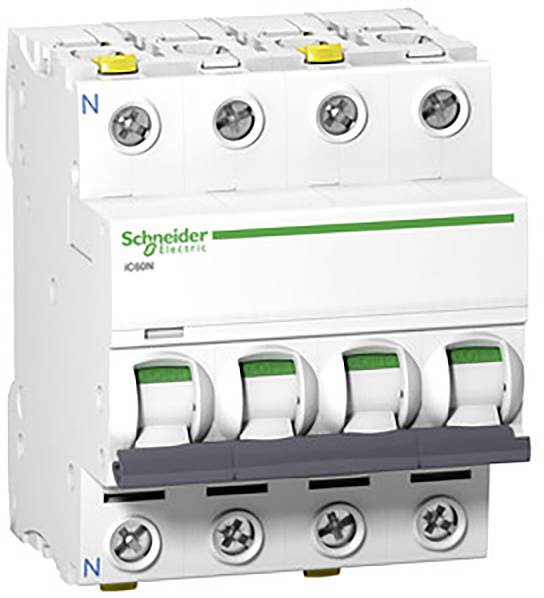 Egy négypólusú FI-védőkapcsoló a Schneider Electric-től, iC60N típus, kék és zöld jelölésekkel az előlapján.