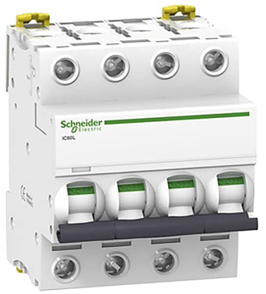 Egy négypólusú teljesítménymegszakító a Schneider Electric-től, három főkapcsolóval felül és négy további kapcsolóval alatta, amely alkalmas elektromos telepítésekhez.