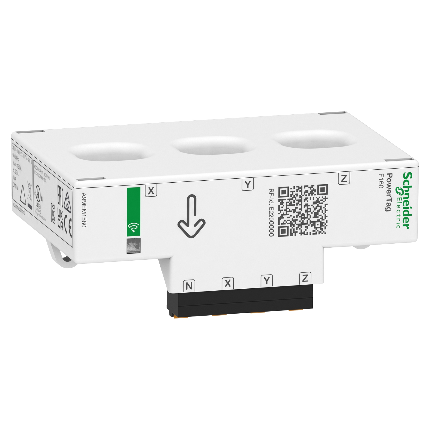 Egy fehér elektronikai eszköz, amelyen a 'Schneider Electric' felirat szerepel. Telepítési útmutatóként QR-kódokat és nyilakat tartalmaz.