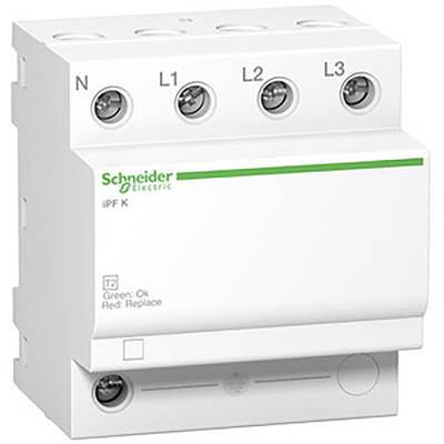 Schneider Electric elektromos megszakító négy csatlakozóval: N, L1, L2, L3. LED-jelzés állapotjelzéshez: Zöld az 'Rendben', Piros a 'Csere szükséges'.