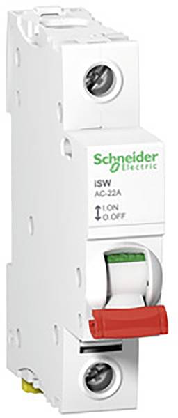 Schneider Electric automata vezetékvédő kapcsoló, iSW AC-22A típus, fehér előlap piros kapcsolókarral, 'O' pozíció kikapcsolt állapotot jelöl.