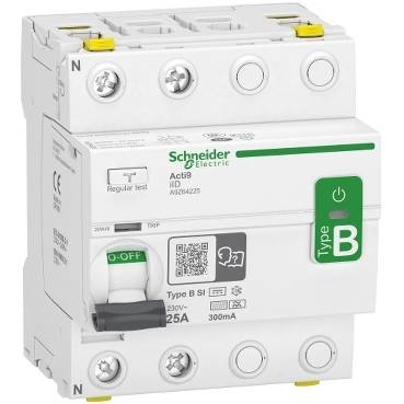 Schneider Electric biztonsági kapcsoló zöld 'B típusú' jelöléssel. Elektromos vezérléshez gombok és karok találhatók rajta.