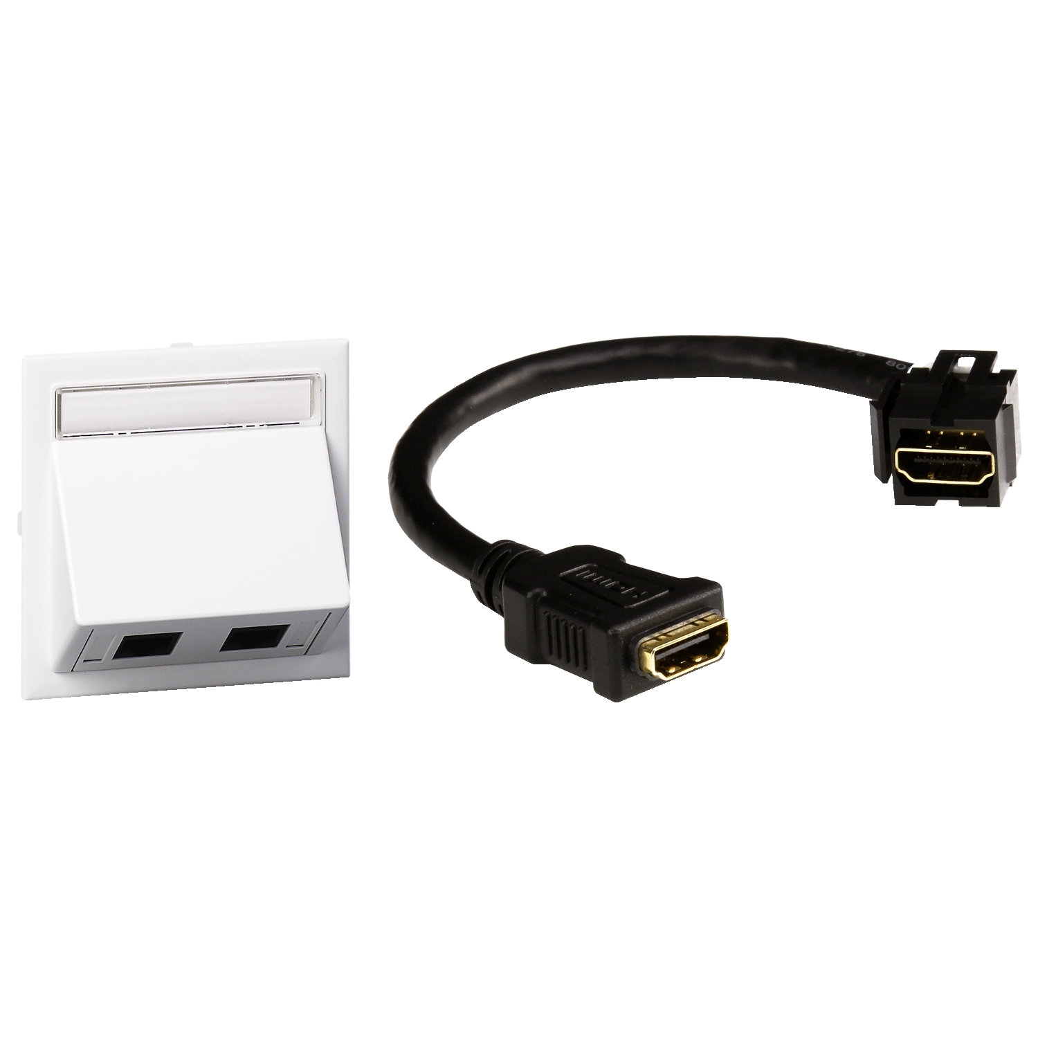 Két Ethernet-csatlakozóval ellátott dugalj bal oldalon és egy HDMI-kábel darab jobb oldalon.