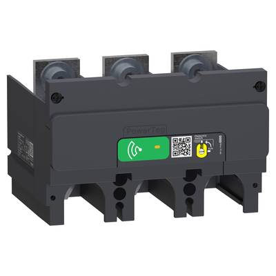 Egy háromfázisú elektromos teljesítménymegszakító zöld címkével, amelyen a 'PowerTag' felirat szerepel, ipari felhasználásra.
