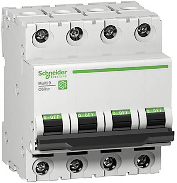 Egy Schneider Electric négyoszlopos védőkapcsoló, amelynek felirata 'Multi 9 C60N'. Négy kapcsolóállással rendelkezik 0 (kikapcsolt) és 1 (bekapcsolt) között.