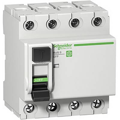 Egy fehér védőkapcsoló a Schneider Electric márka részéről, négy csatlakozókapoccsal és egy fekete kapcsolóval, zöld 'BE' jelöléssel.