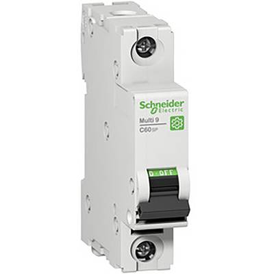 Egy fehér Schneider Electric hálózatvédelmi megszakító zöld "Multi 9" felirattal, a kapcsoló kikapcsolt helyzetben.