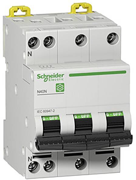 Schneider Electric gyártmányú, N40N típusú háromkapcsolós megszakító, IEC 60847-2 szabvány szerint, mindhárom kapcsoló 'KI' állásban.