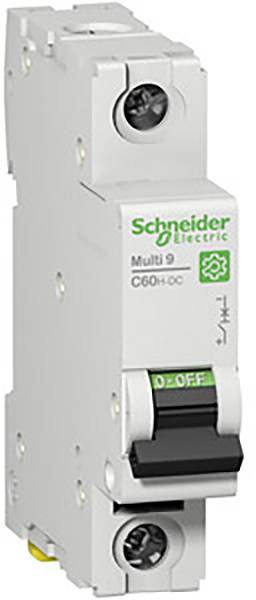 A Schneider Electric Multi 9 C60H-DC sorozatú kismegszakító látható a képen, zöld logóval kiemelve.