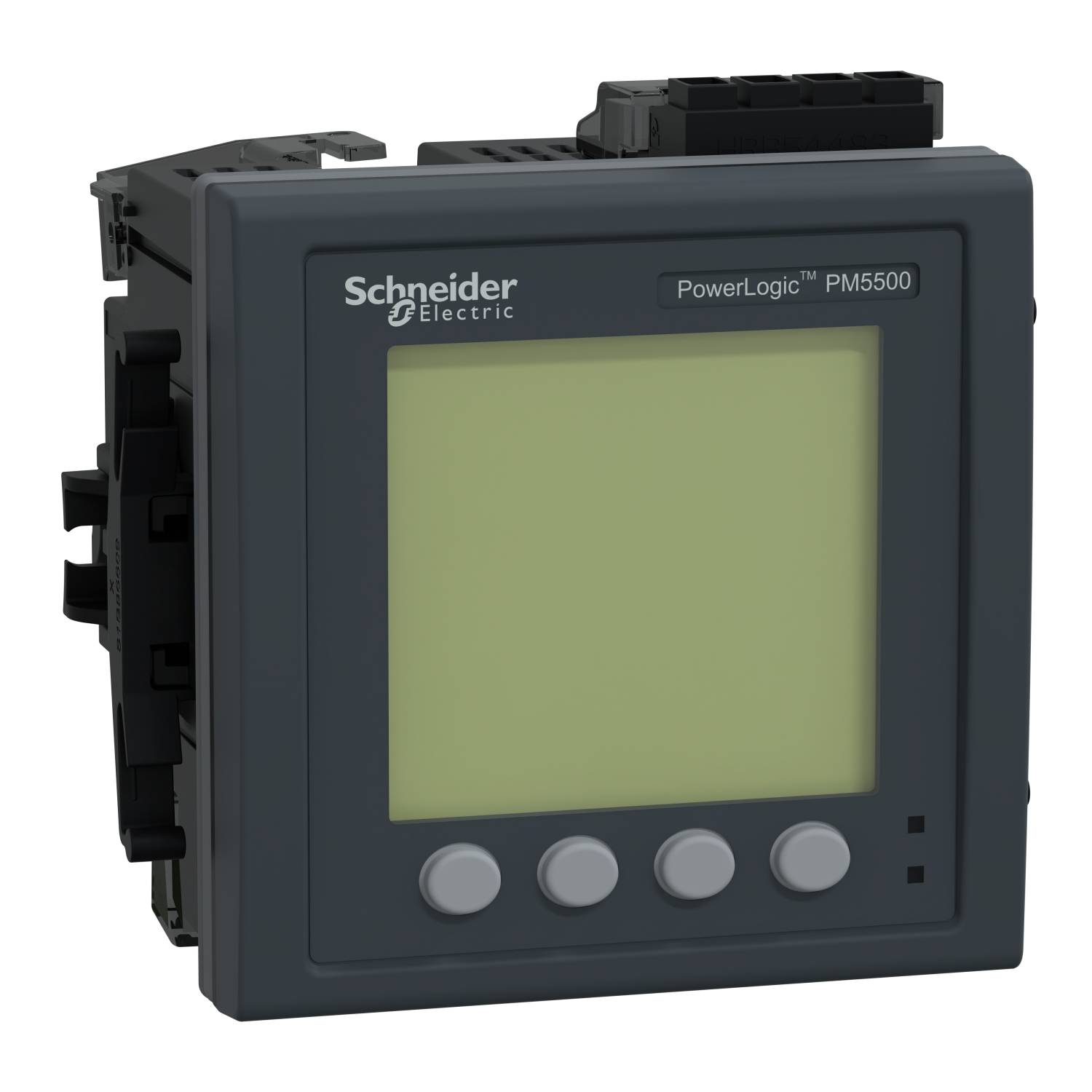 Egy Schneider Electric márkájú digitális energiafelügyeleti eszköz, PowerLogic PM5500 típus, kijelzővel és kezelőgombokkal.