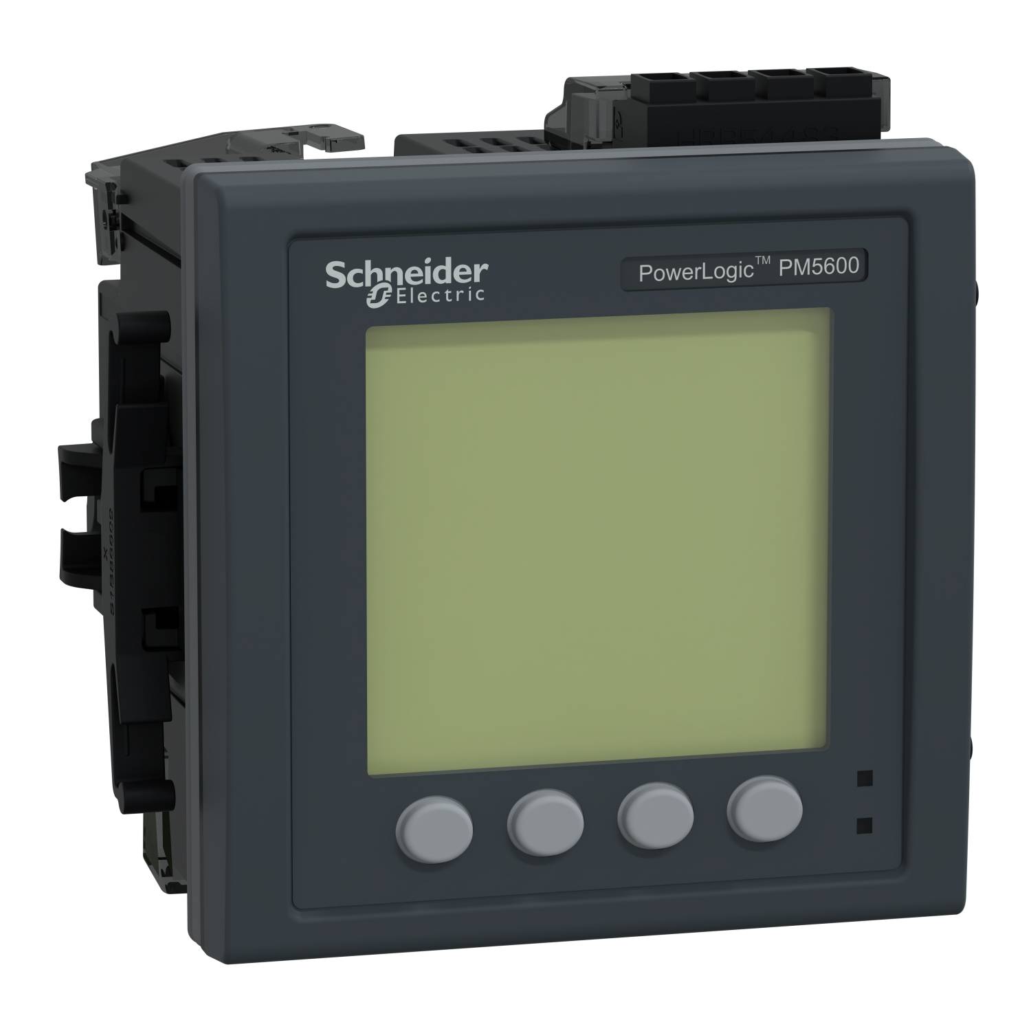 Schneider Electric PowerLogic PM5600 típusú elektromos mérőkészülék, négyszögletes kijelzővel és négy gombbal az előlapján.