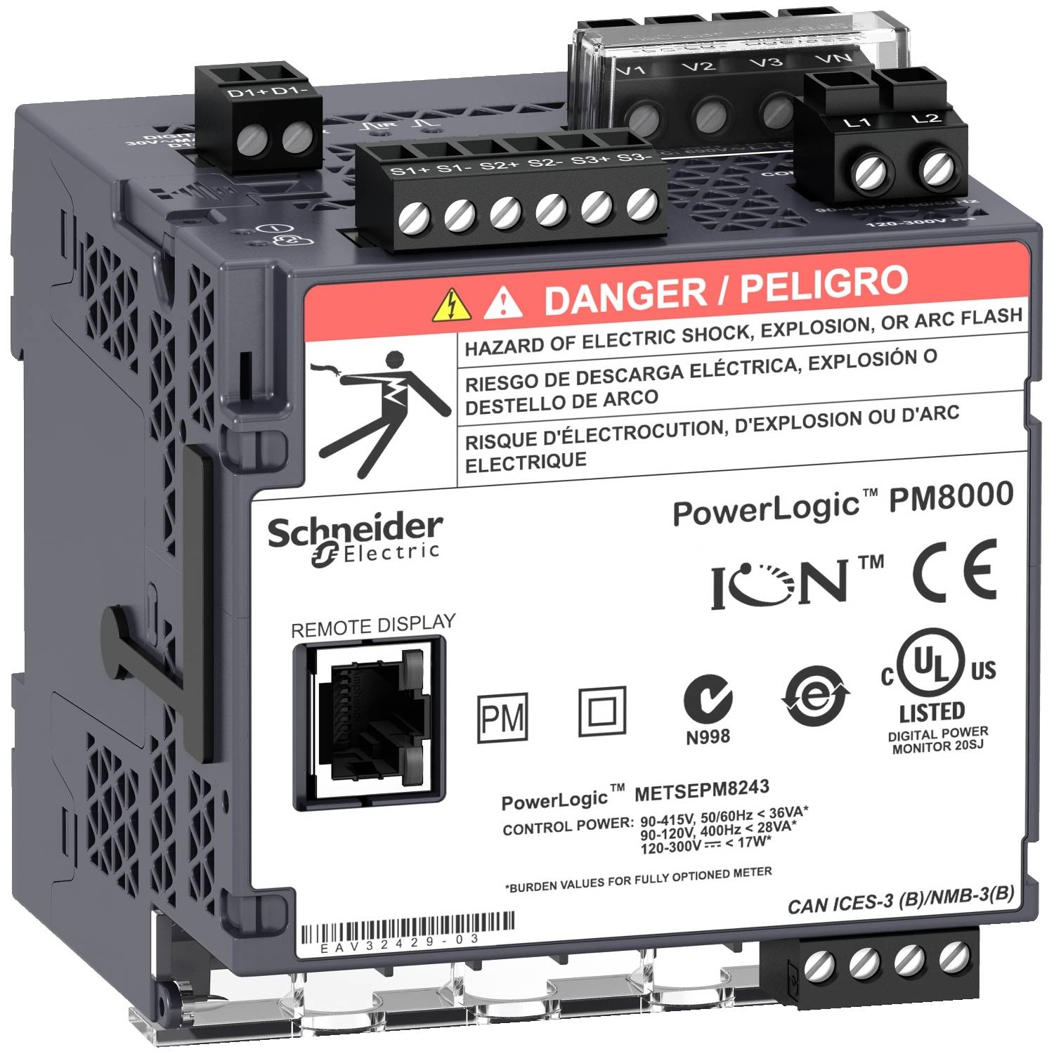 Schneider Electric márkájú 'PowerLogic PM8000' elektromos készülék, amelynek címkéjén áramütés és robbanásveszélyre figyelmeztető felirat szerepel.