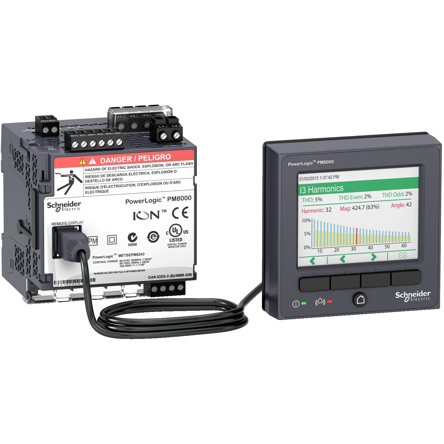 Digitális kijelzővel rendelkező elektromos teljesítménymérő készülék. Kimutatja a áramminőség harmonikus méréseit. A Schneider Electric márka terméke.